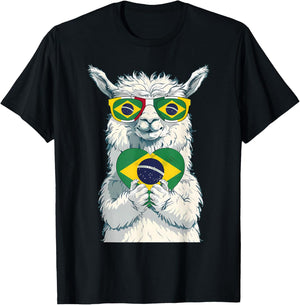 Brasil Flag Llama Brazilian Alpaca Brasilian Roots Brazil T-Shirt - T-Shirt | Black