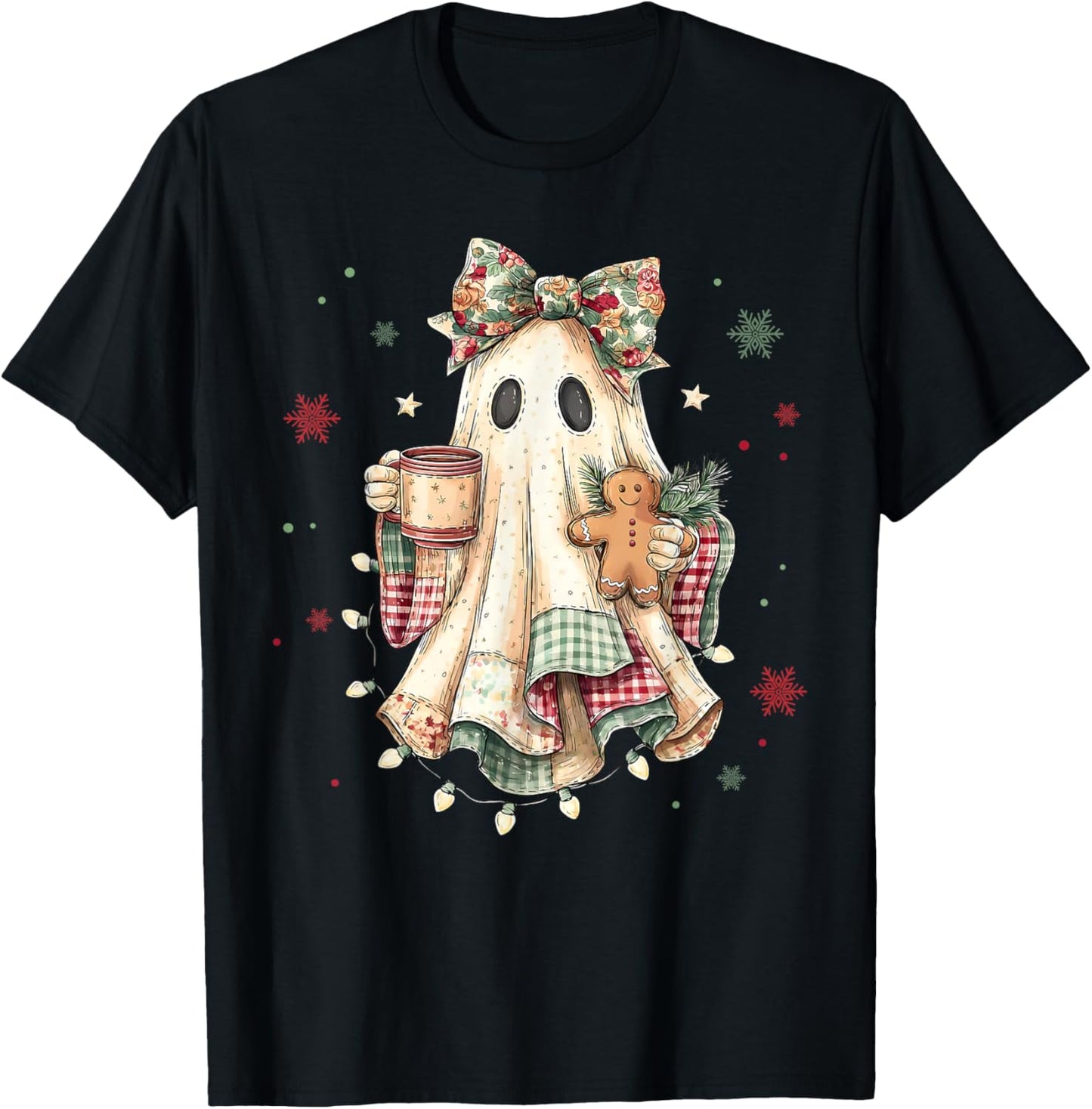 Funny Ghost Gingerbread Merry Christmas Xmas Lights Holiday T-Shirt - T-Shirt | Black