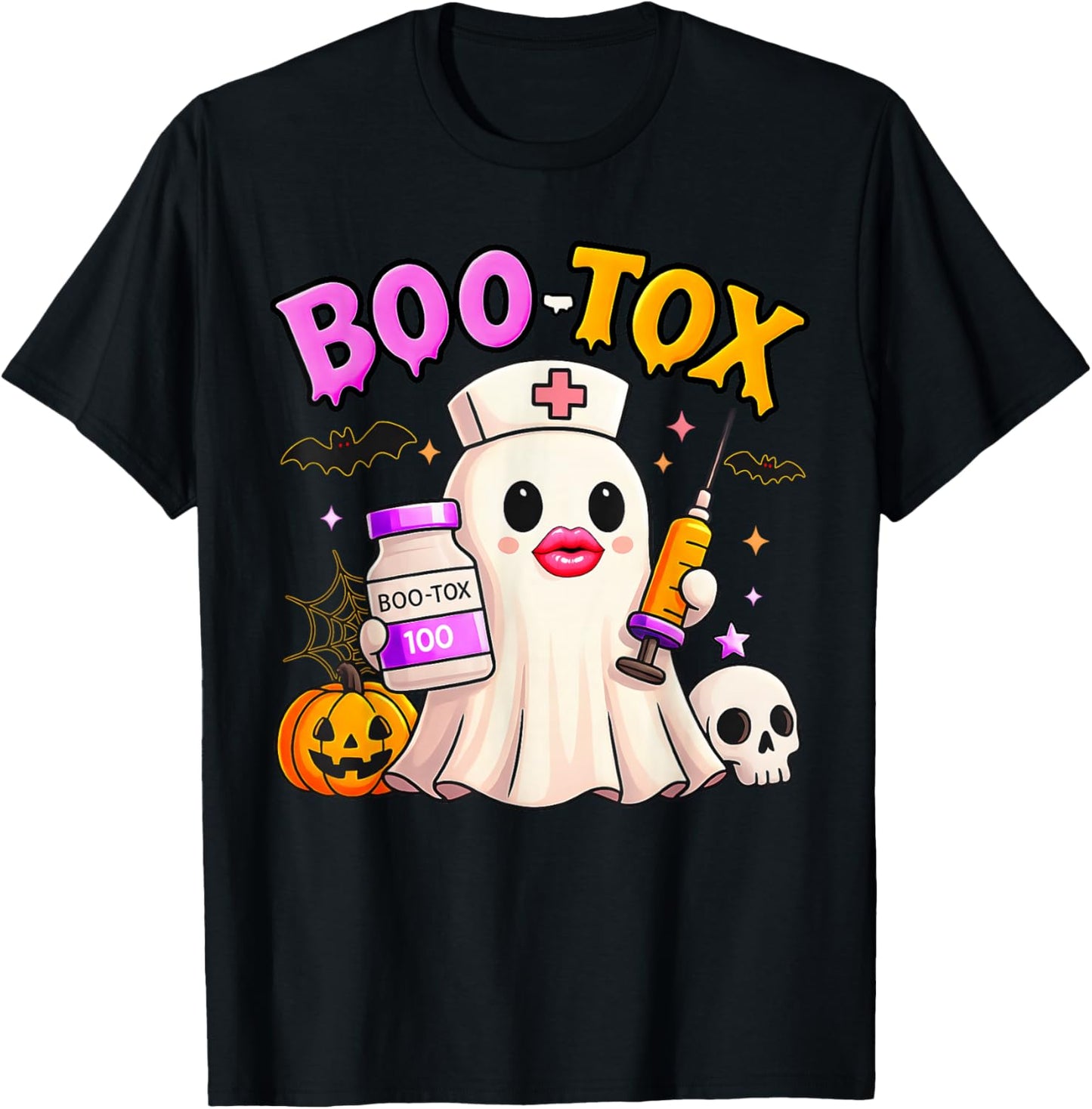Funny Boo Tox Aesthetic Nurse Ghost Skull Pumpkin Halloween T-Shirt - T-Shirt | Black