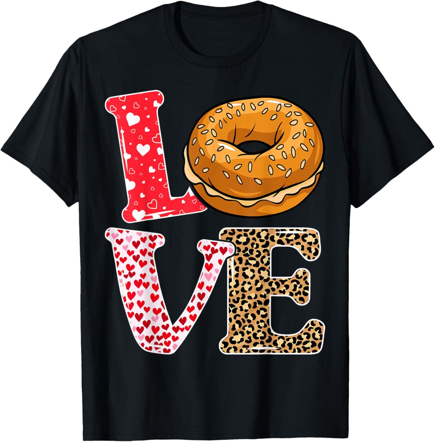 Bread Bagel Love Valentine Leopard Food Pun T-Shirt - T-Shirt | Black