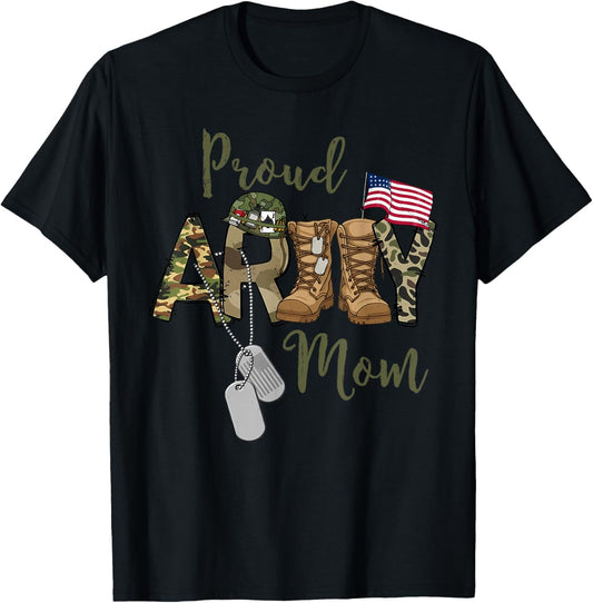 Proud Army Mom US Flag Camo Dog Tags Military Mother T-Shirt - T-Shirt | Black