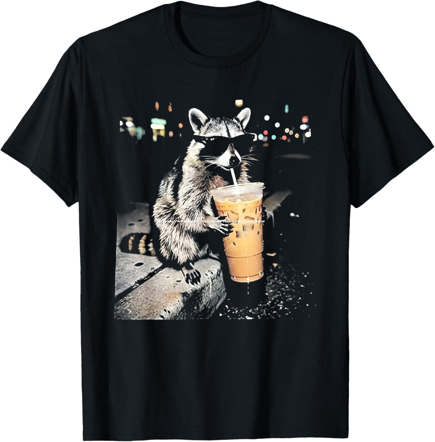 Funny Raccoon Drinking iced Coffee T-Shirt - T-Shirt | Black
