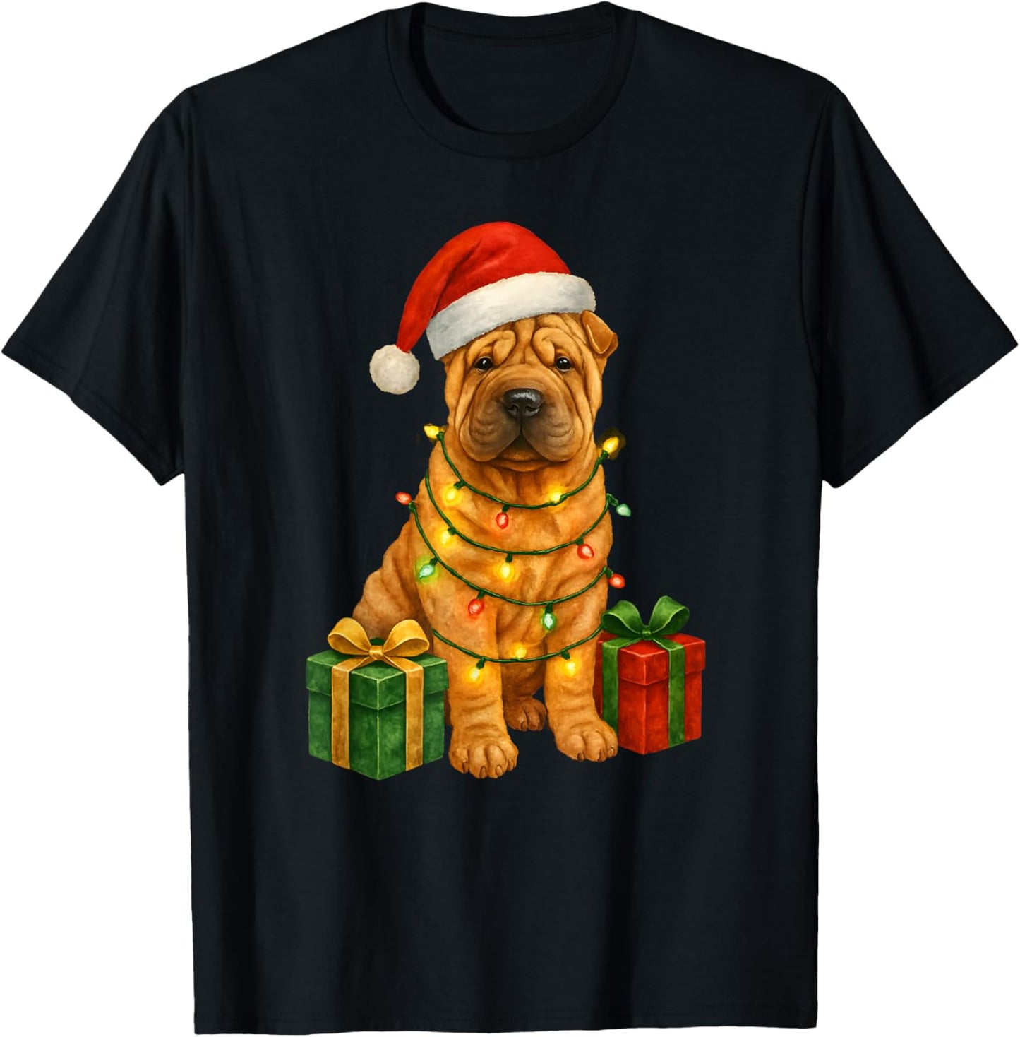 Christmas Shar Pei Dog Cute Funny Santa Hat T-Shirt - T-Shirt | Black