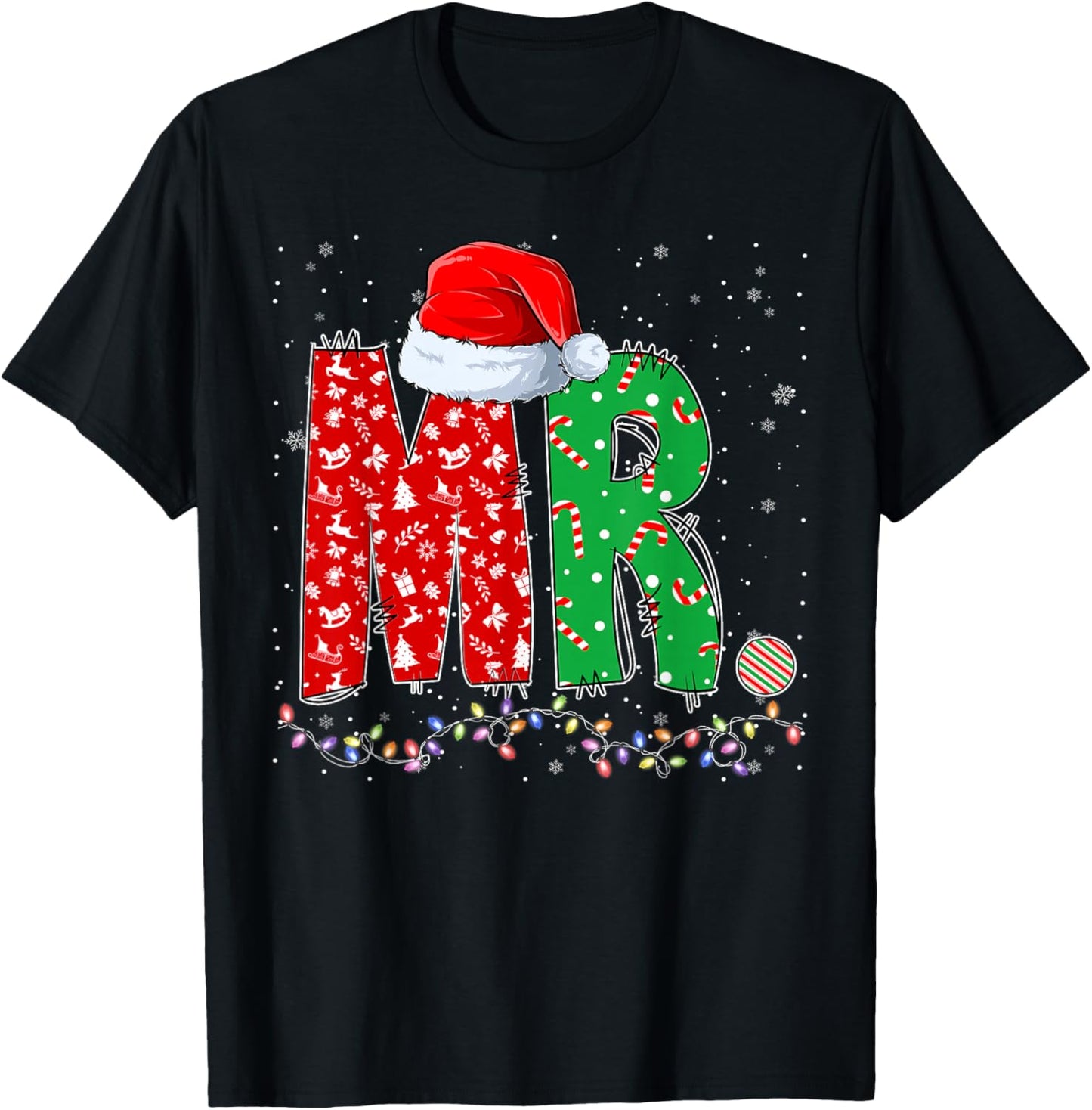 Mr. Santa Hat Xmas Lights Christmas Pajama Matching Couples T-Shirt - T-Shirt | Black