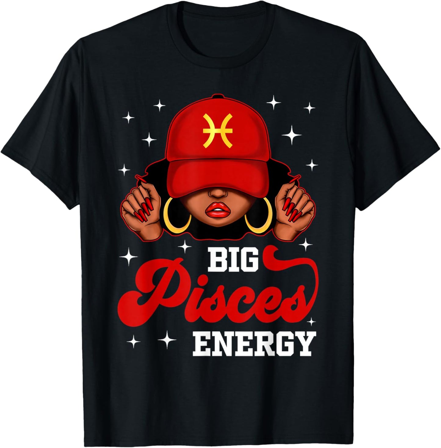 Big Pisces Energy Black Woman with Red Cap Zodiac T-Shirt - T-Shirt | Black
