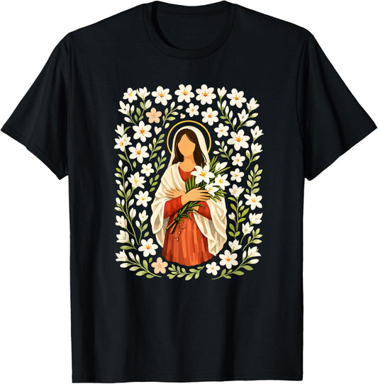 St Maria Goretti Lillies Artwork Catholic T-Shirt - T-Shirt | Black