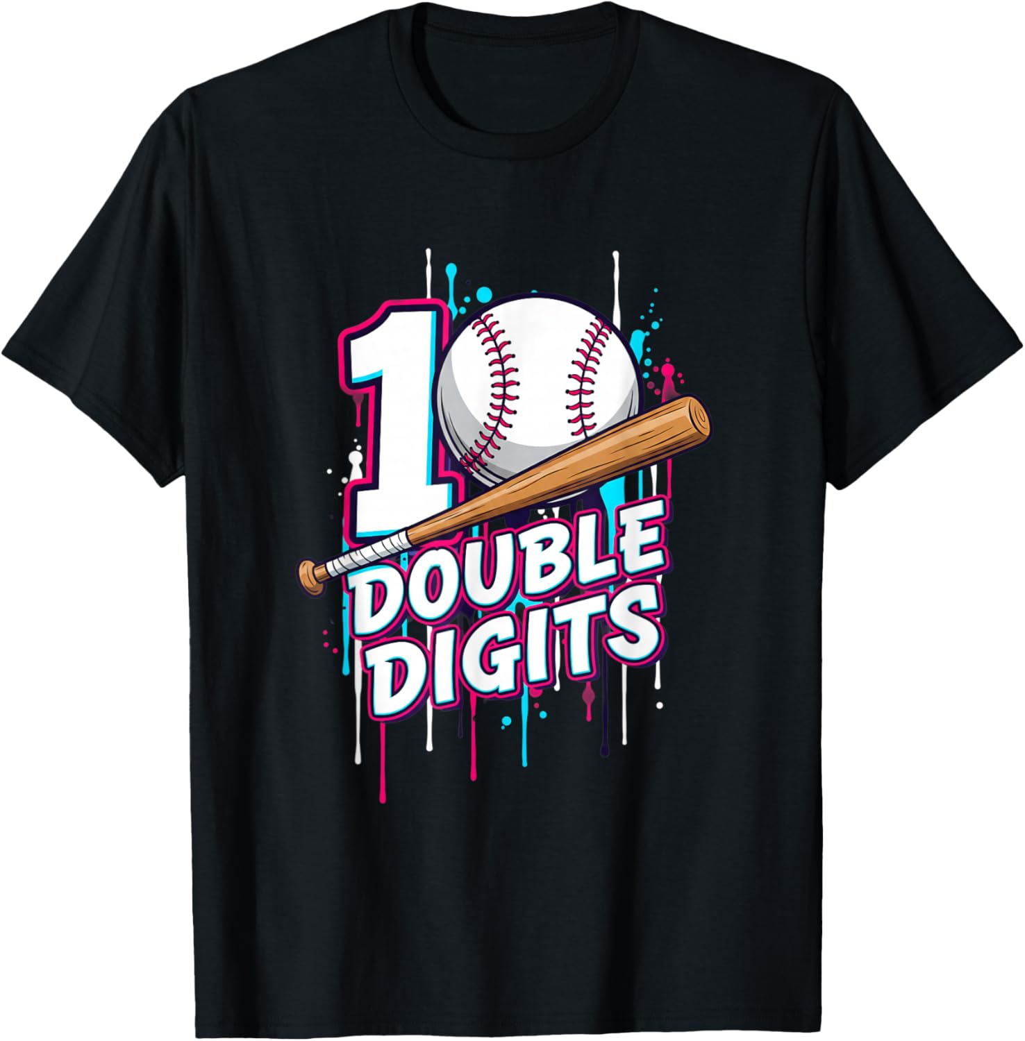 Baseball Double Digits 10th Birthday Drip Design T-Shirt - T-Shirt | Black