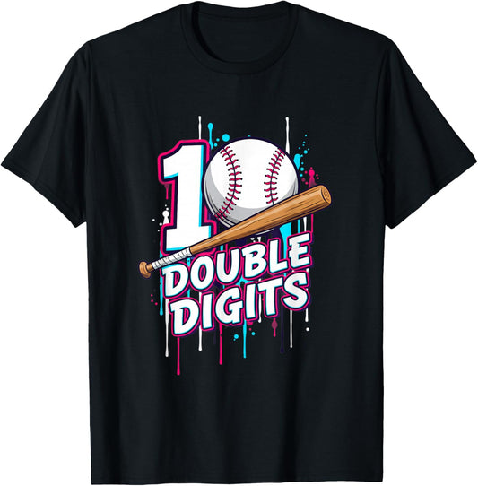 Baseball Double Digits 10th Birthday Drip Design T-Shirt - T-Shirt | Black