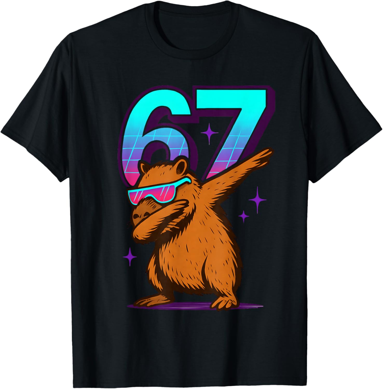 Neon Retro Dabbing Capybara 67 Meme Capy Lover Teens Kids T-Shirt - T-Shirt | Black