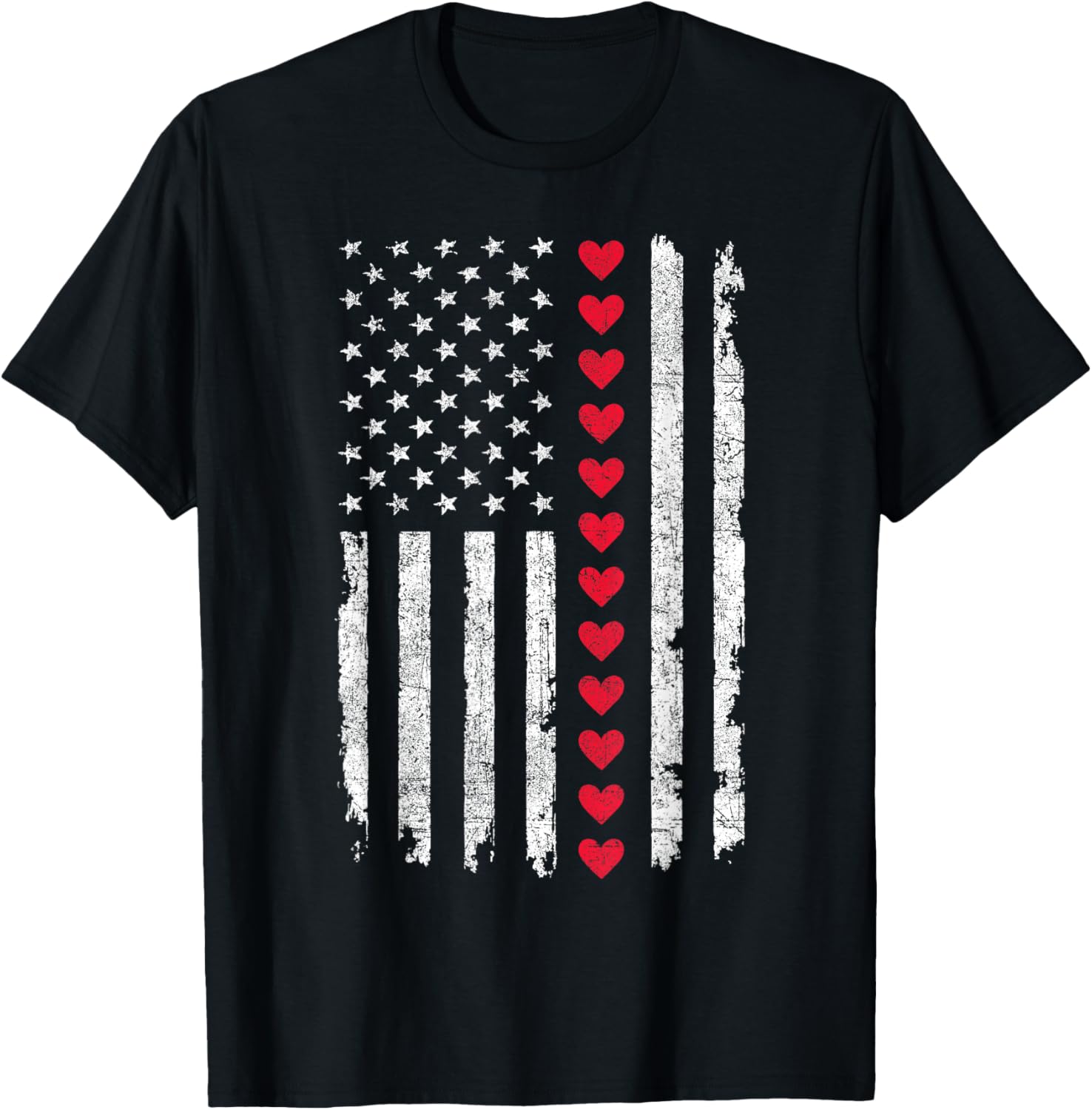 Valentines Day US American Flag Red Hearts Patriotic Love T-Shirt - T-Shirt | Black
