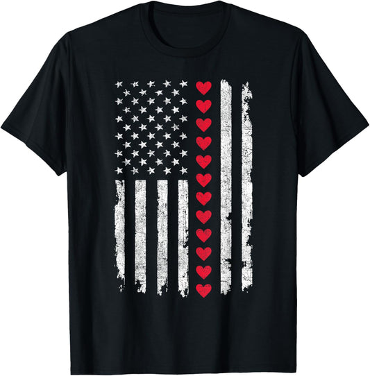 Valentines Day US American Flag Red Hearts Patriotic Love T-Shirt - T-Shirt | Black