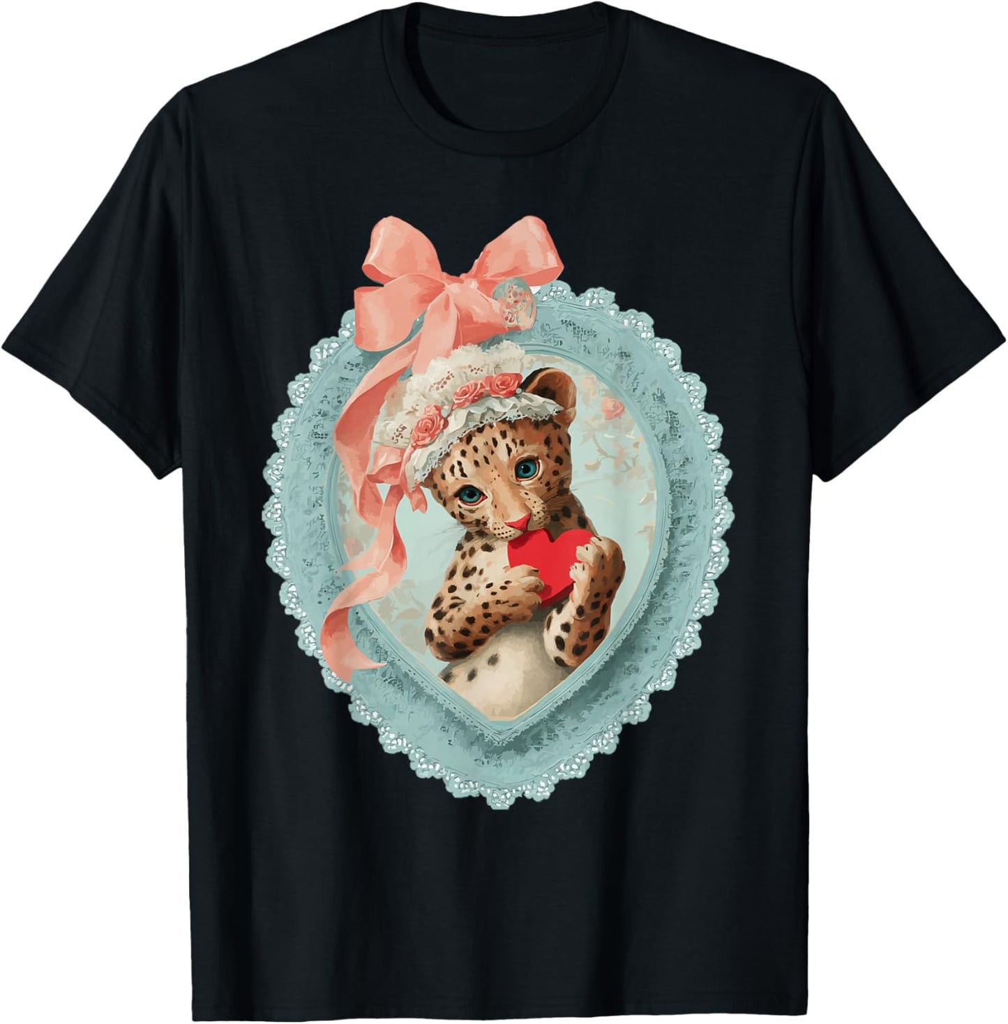 Cute Leopard Valentine with Heart Vintage Animal Coquette T-Shirt - T-Shirt | Black