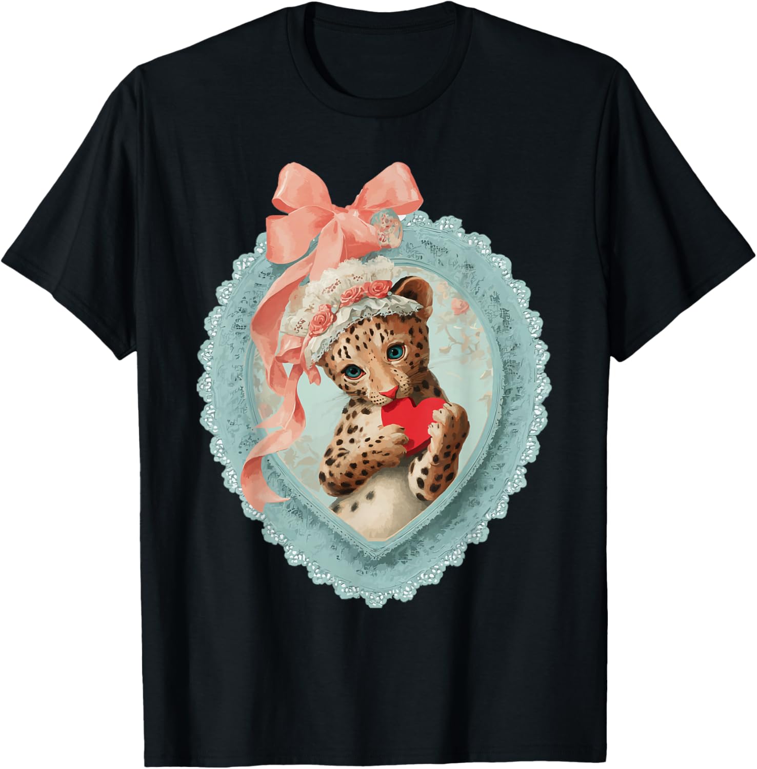 Cute Leopard Valentine with Heart Vintage Animal Coquette T-Shirt - T-Shirt | Black