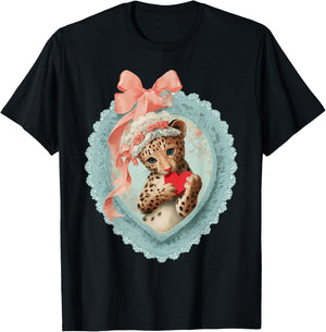 Cute Leopard Valentine with Heart Vintage Animal Coquette T-Shirt - T-Shirt | Black