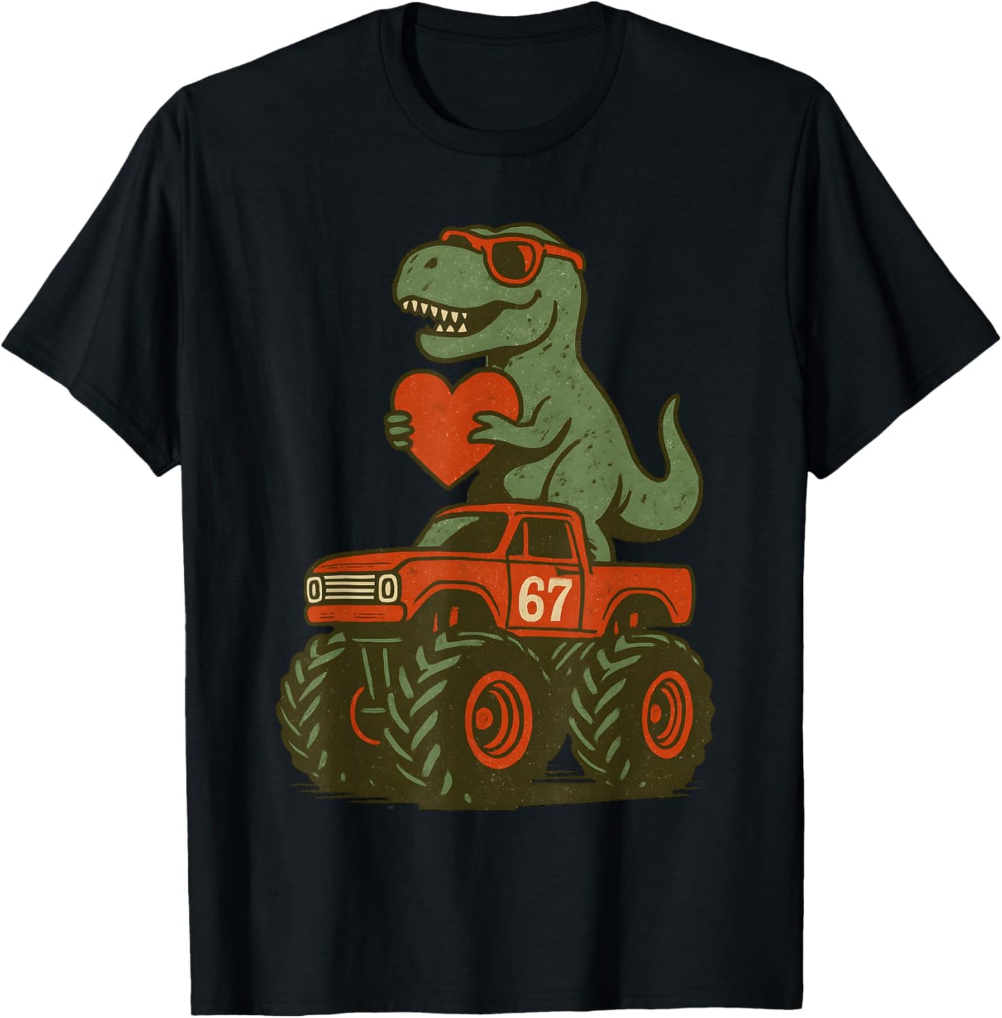 Valentines Day Trex 67 Meme Dinosaur 6 7 Dino Riding Truck T-Shirt - T-Shirt | Black