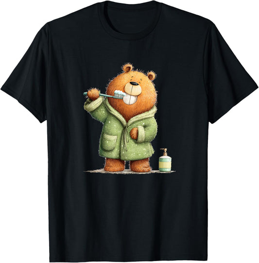 Cute Teeth Brushing Teddy Bear Graphic for Boys and Girls T-Shirt - T-Shirt | Black