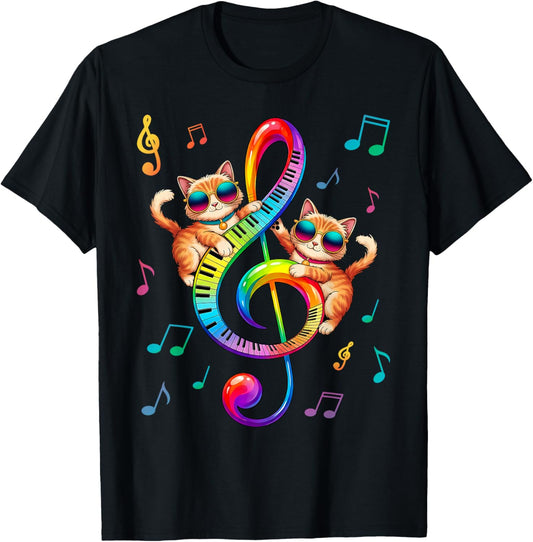 Cute Cat Kitty Playing Music Clef Piano Musician Art T-Shirt - T-Shirt | Black