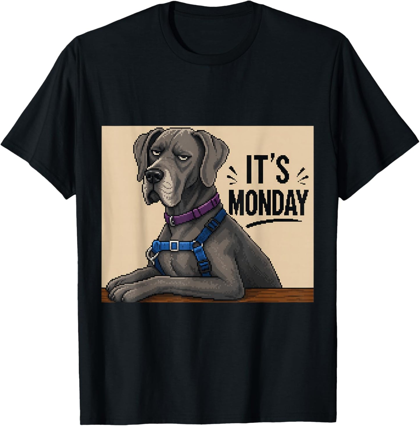 Funny Grumpy Dog Monday Pixel Art Great Dane T-Shirt - T-Shirt | Black