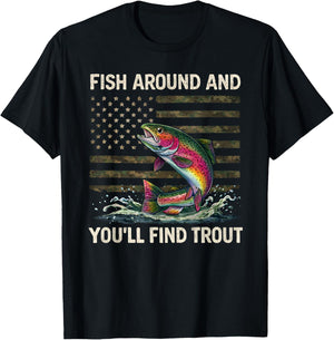 Fish Around and Find Trout American Flag Vintage T-Shirt - T-Shirt | Black