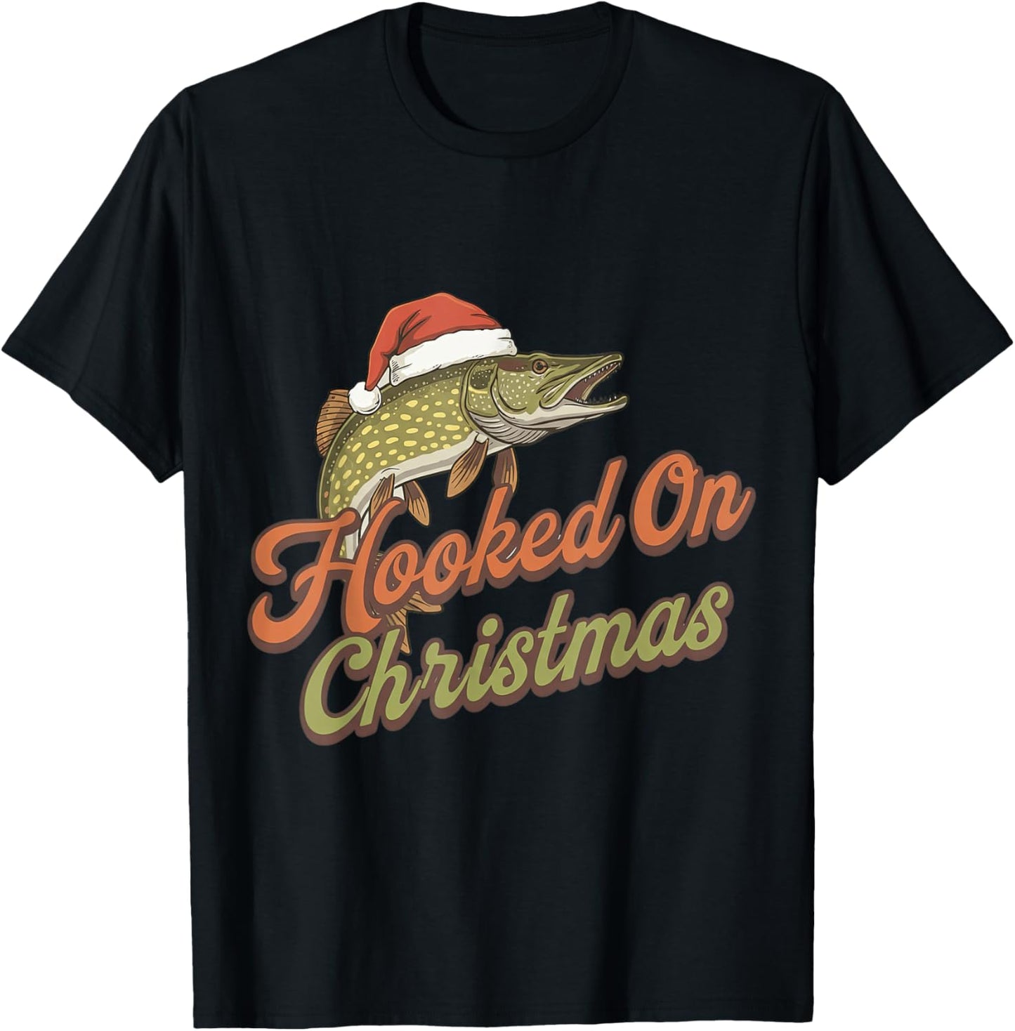 Hooked On Christmas Funny Pike Fishing Xmas T-Shirt - T-Shirt | Black