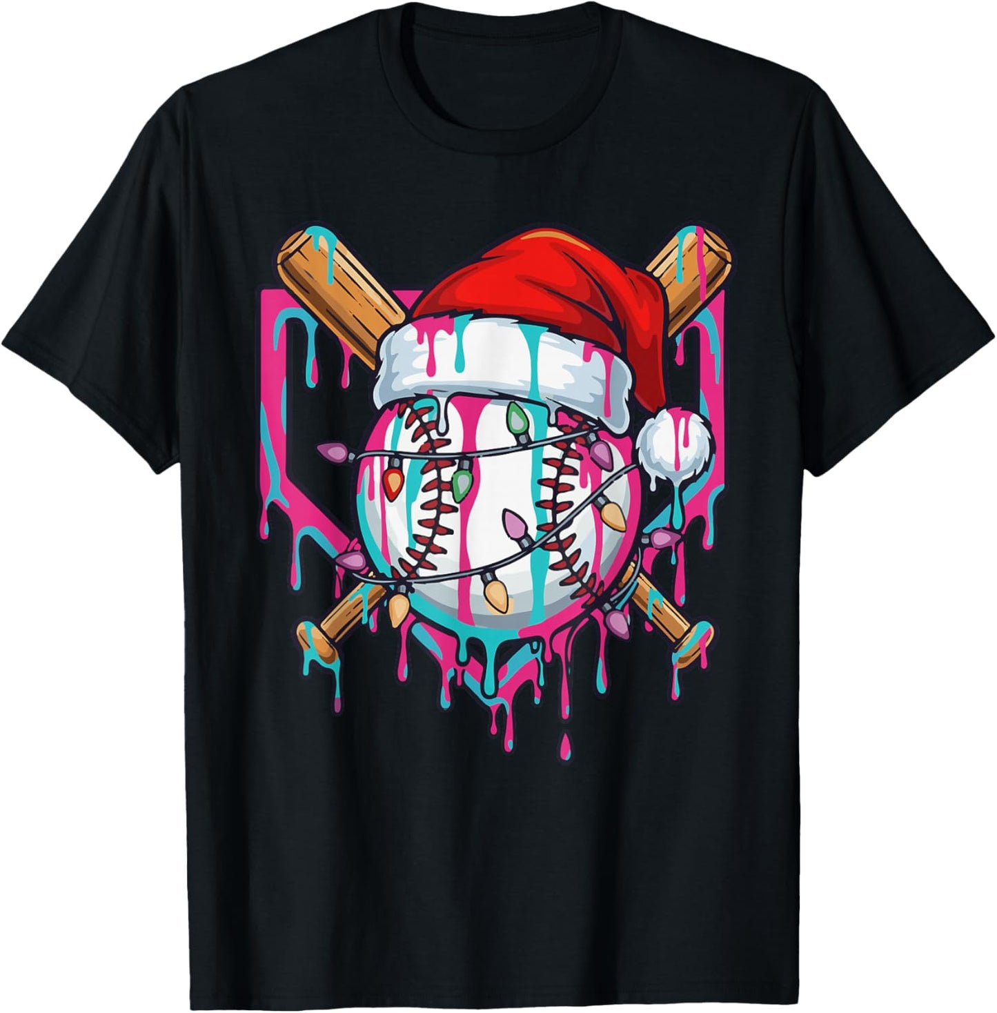Baseball Christmas Santa Hat Baseball Christmas Drip T-Shirt - T-Shirt | Black