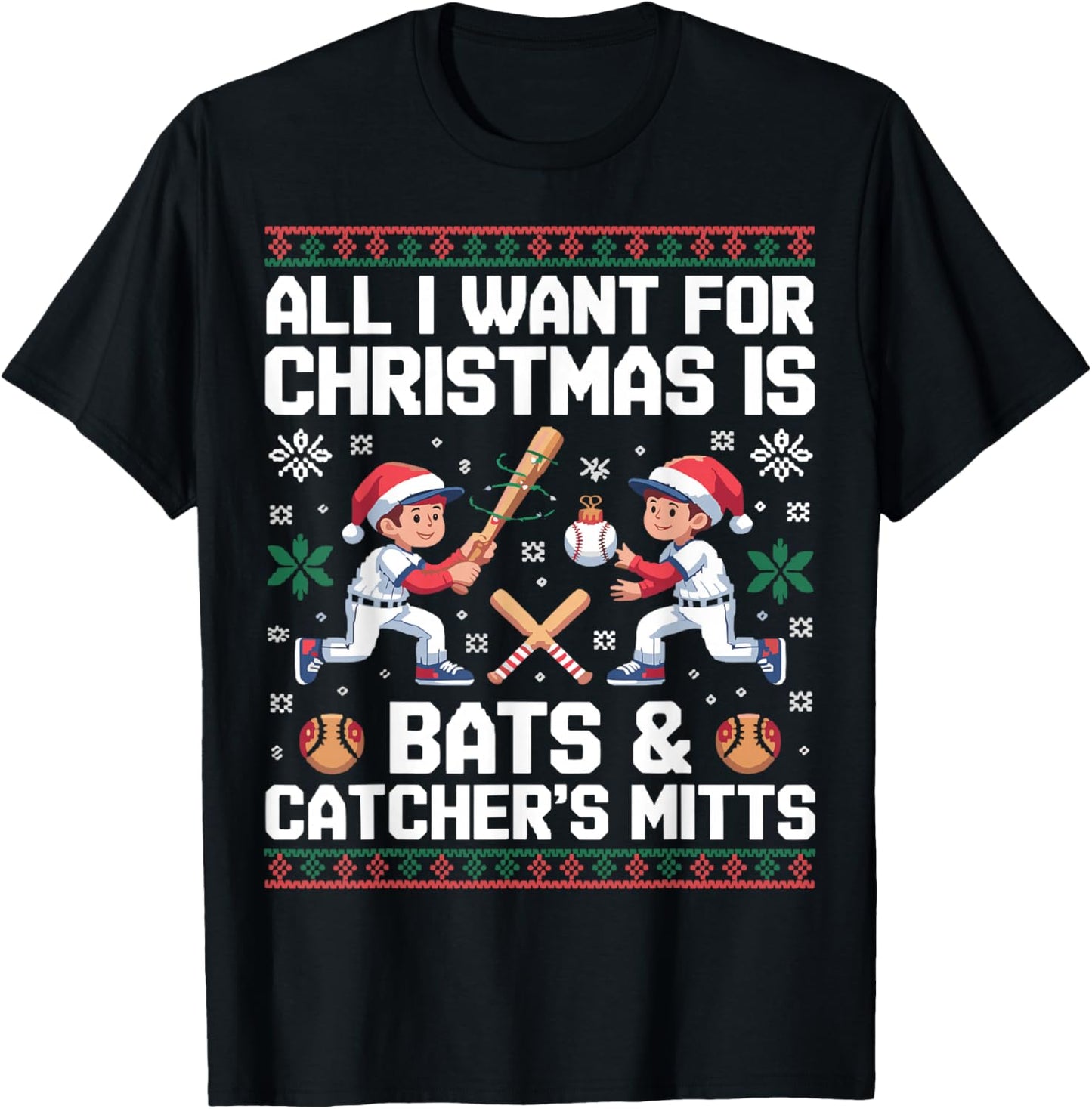 Funny Christmas Baseball Bats Catcher Mitts Holiday T-Shirt - T-Shirt | Black