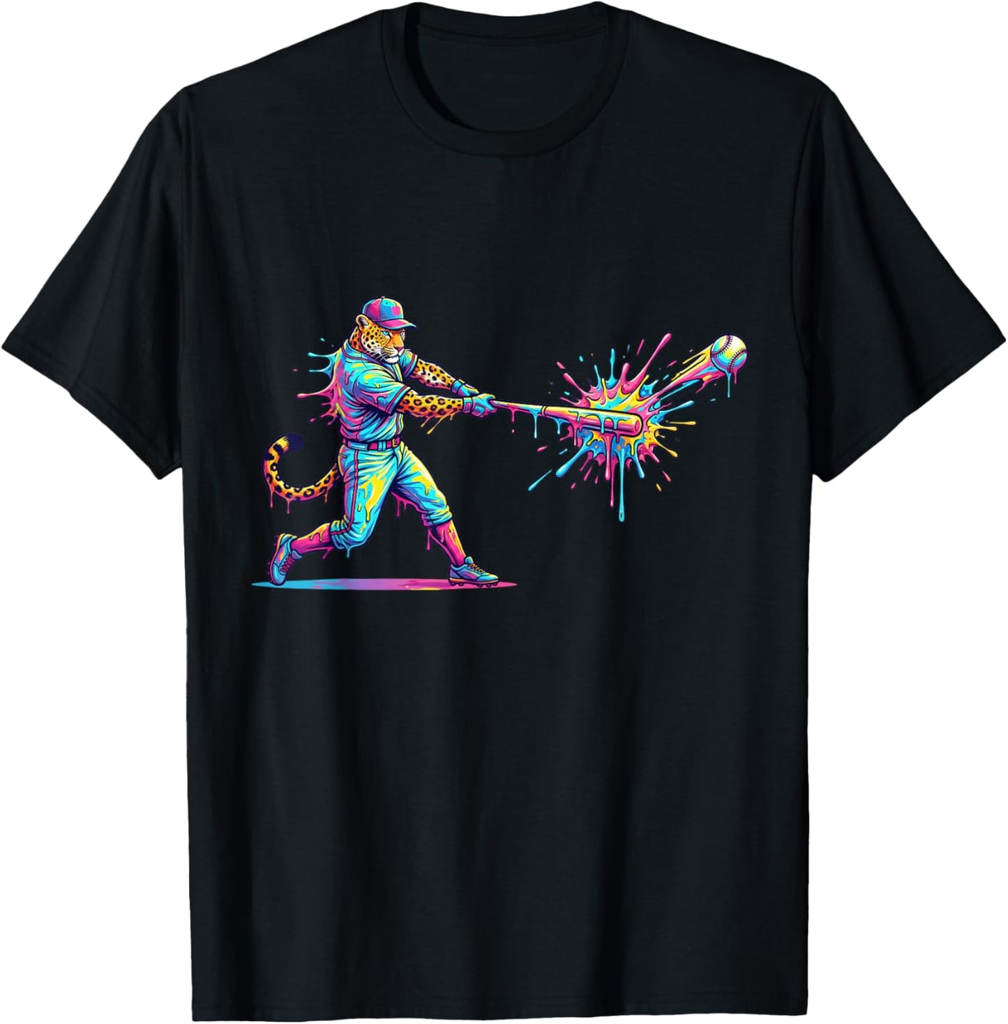 Funny Leopard Baseball Player Ice Cream Drip for Boys Kids T-Shirt - T-Shirt | Black