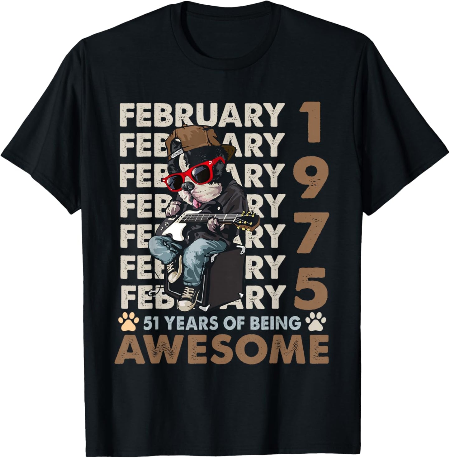 51st Birthday Dog Lover February 1975 Vintage 51 Years Old T-Shirt - T-Shirt | Black