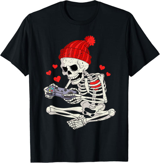 Funny Boys Valentines Skeleton Gamer Video Games Gaming T-Shirt - T-Shirt | Black
