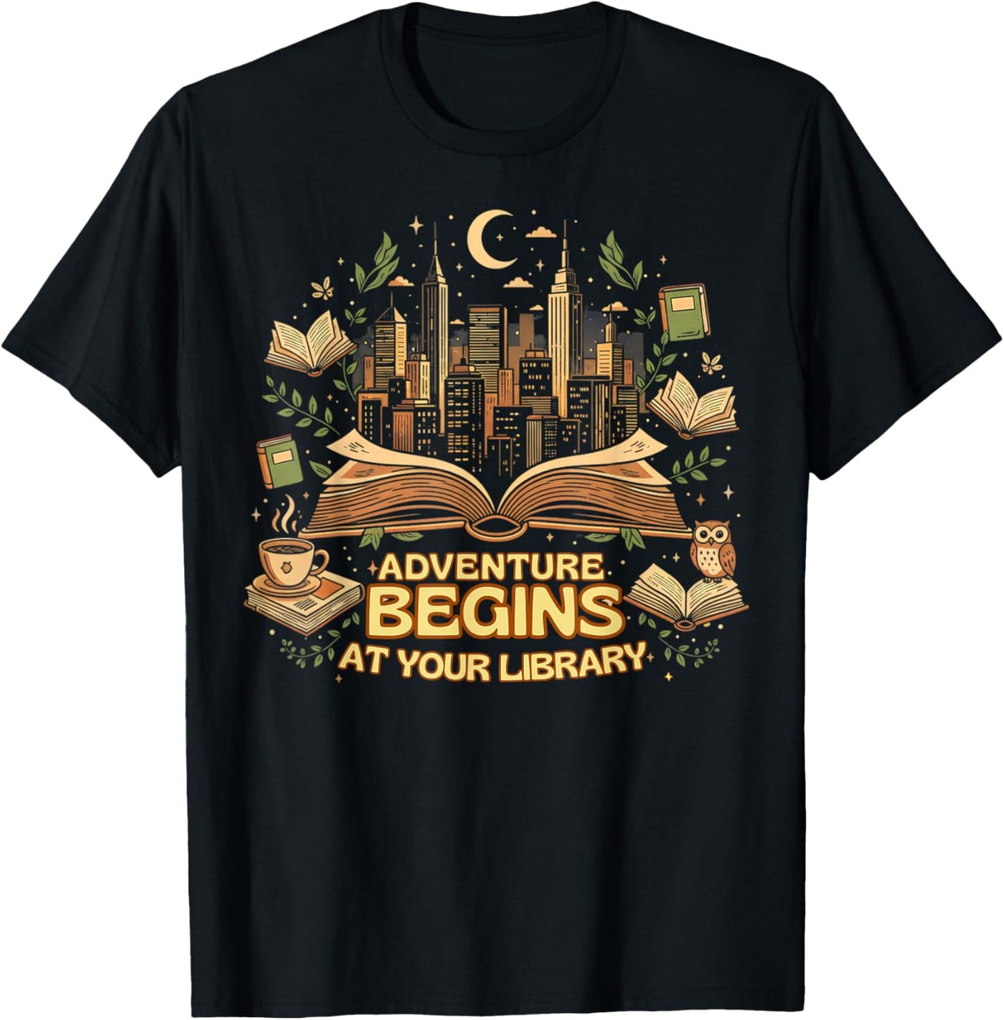 Adventure Begins at Your Library Reading Lover Design T-Shirt - T-Shirt | Black