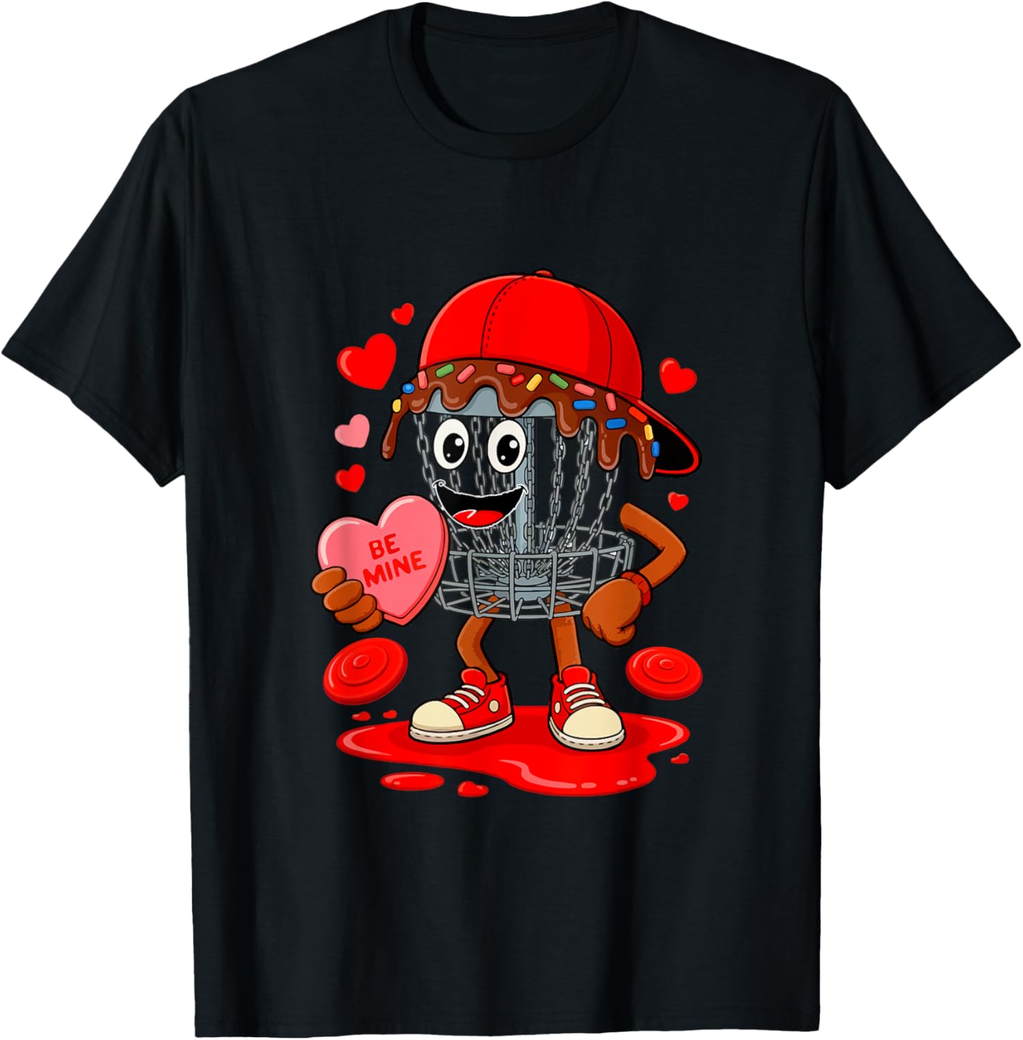 Disc Golf Equipment Player Valentine Hearts Costume Dripped T-Shirt - T-Shirt | Black