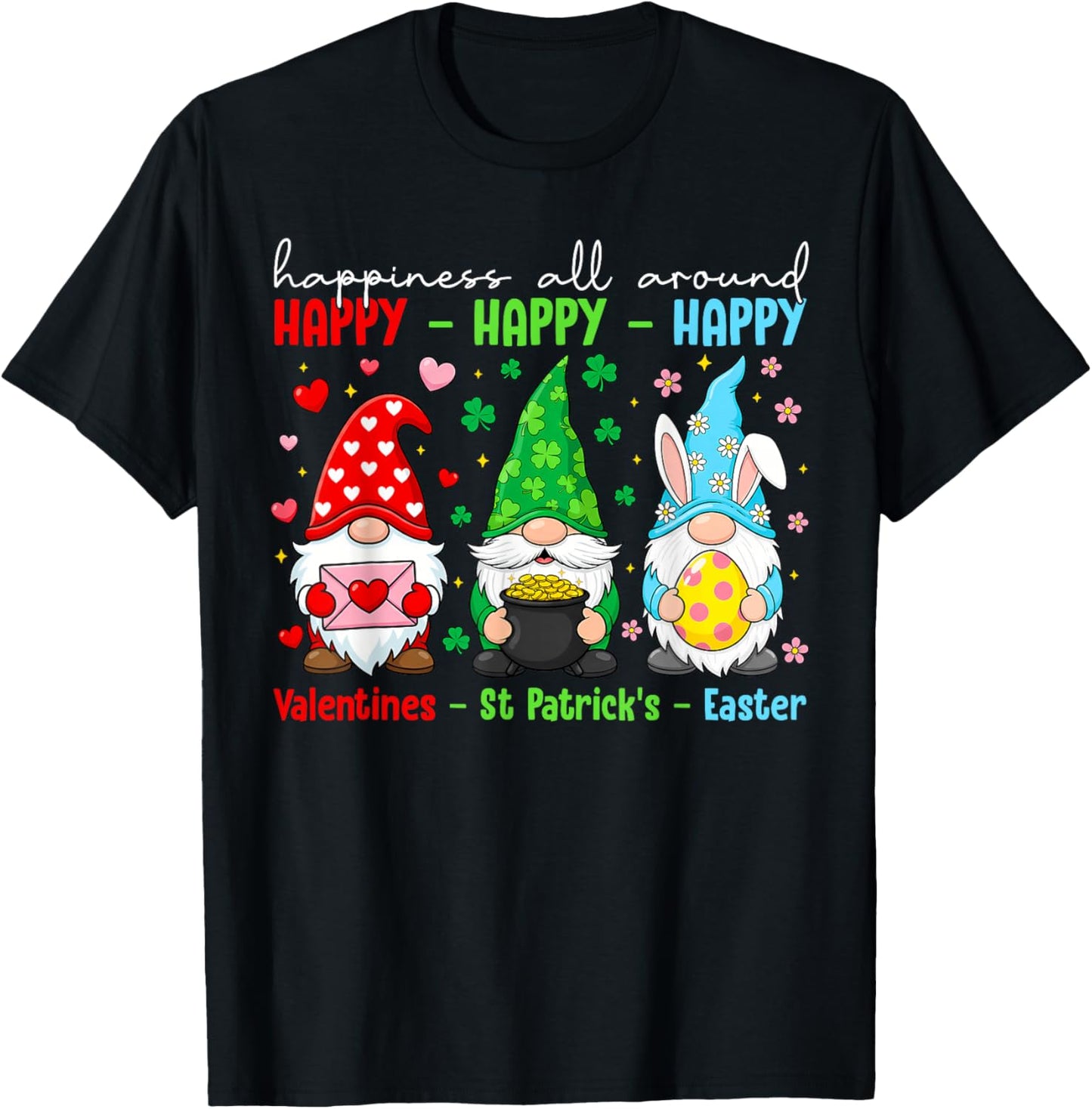 Funny Happy Valentines St Patrick Easter Holiday Cute Gnome T-Shirt - T-Shirt | Black