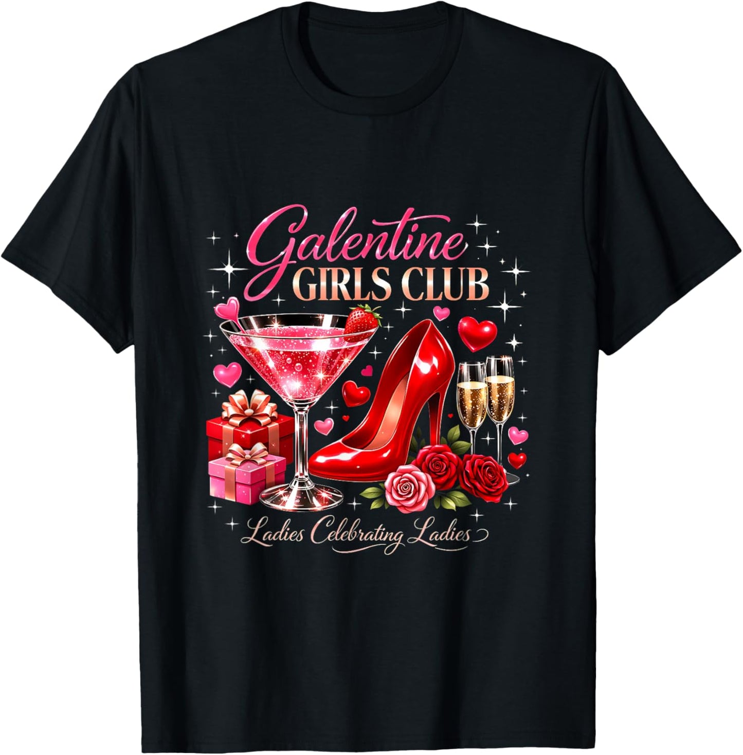 Galentine Girls Club Ladies Celebrating Martini Glass Party T-Shirt - T-Shirt | Black