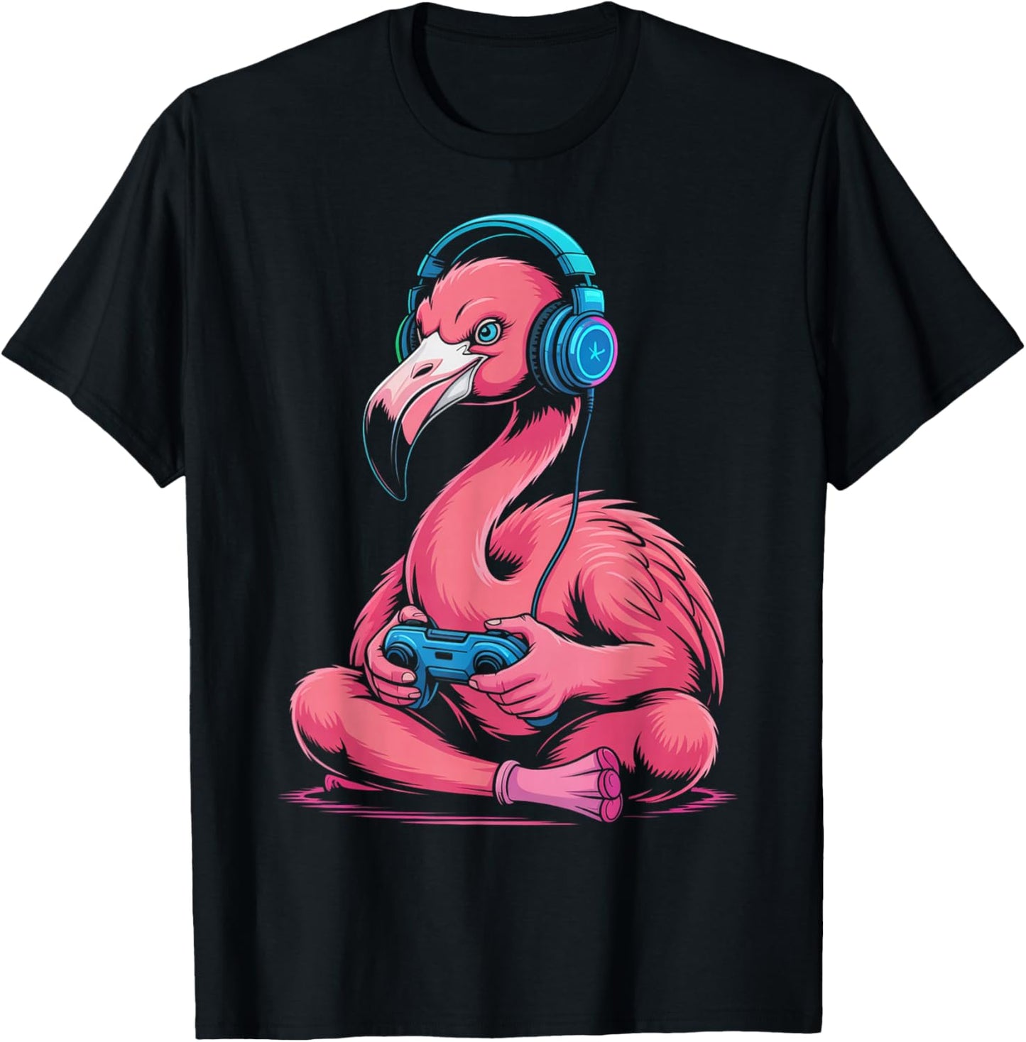 Flamingo Gamer Headphone Video Game T-Shirt - T-Shirt | Black