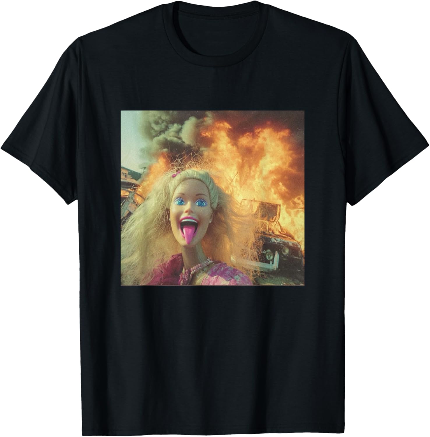 Doll Selfie in Front of Fire Funny Chaos Meme T-Shirt - T-Shirt | Black