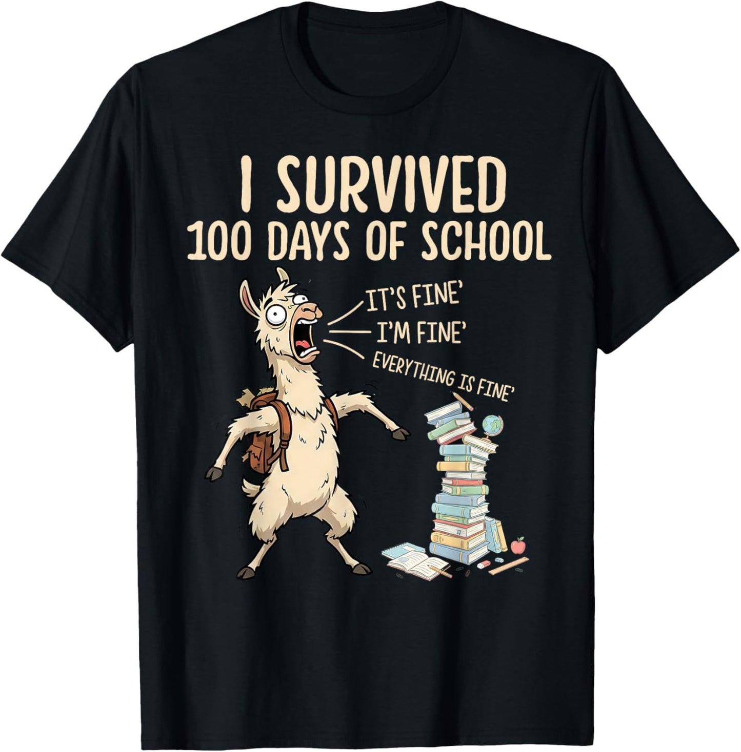 I Survived 100 Days of School Teacher Funny 100th Day Llama T-Shirt - T-Shirt | Black