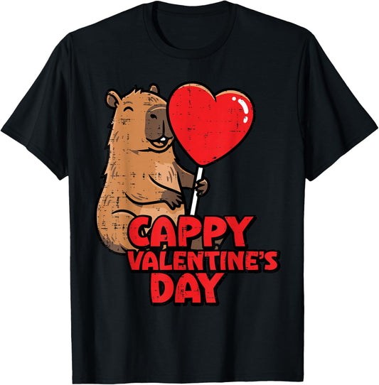 Cappy Valentines Day Capybara Cute Rodent Women Men Kids T-Shirt - T-Shirt | Black