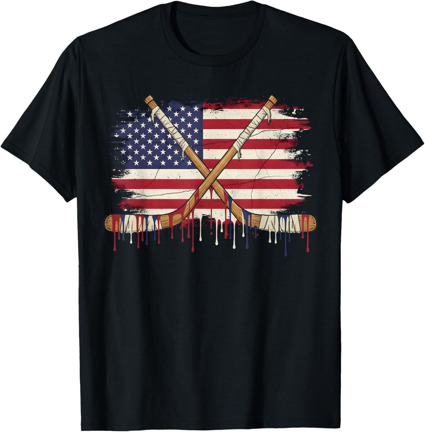 Ice Hockey Ice Cream Drip Boys American Flag Youth Players T-Shirt - T-Shirt | Black