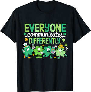 Everyone Communicate Differently SLP Shamrock St Patricks T-Shirt - T-Shirt | Black