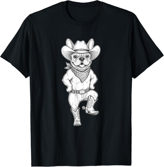 Howdy French Bulldog Cowboy Western Country Vintage Sketch T-Shirt - T-Shirt | Black