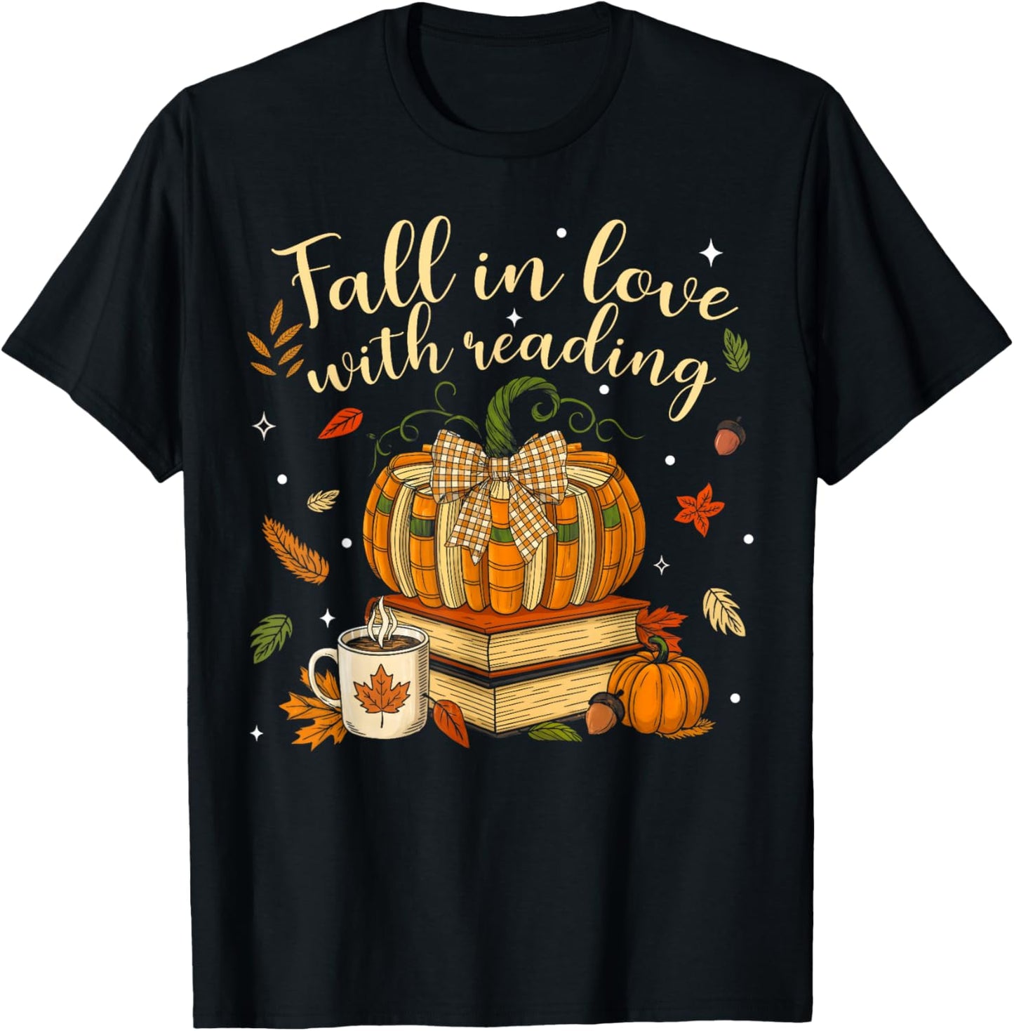 Fall in Love with Reading Book Autumn Pumpkins and Teachers T-Shirt - T-Shirt | Black