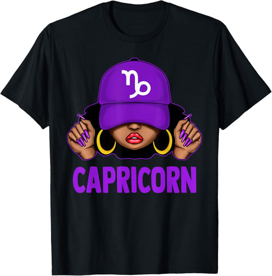 Capricorn Queen Black Woman Purple Cap It's My Birthday T-Shirt - T-Shirt | Black