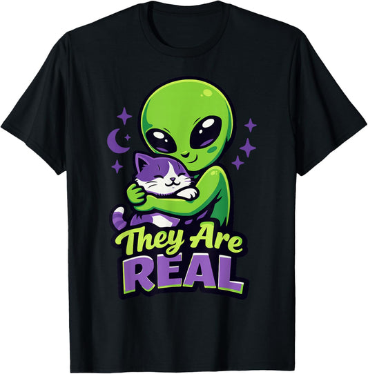 They are Real, Cute Space Cat Hugging Alien T-Shirt - T-Shirt | Black