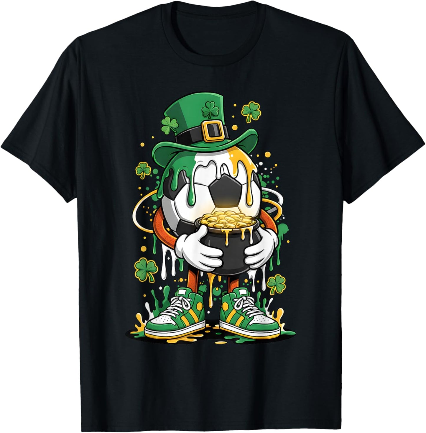 St Patrick Day Lucky Soccer Irish Shamrock Sport Drip T-Shirt - T-Shirt | Black