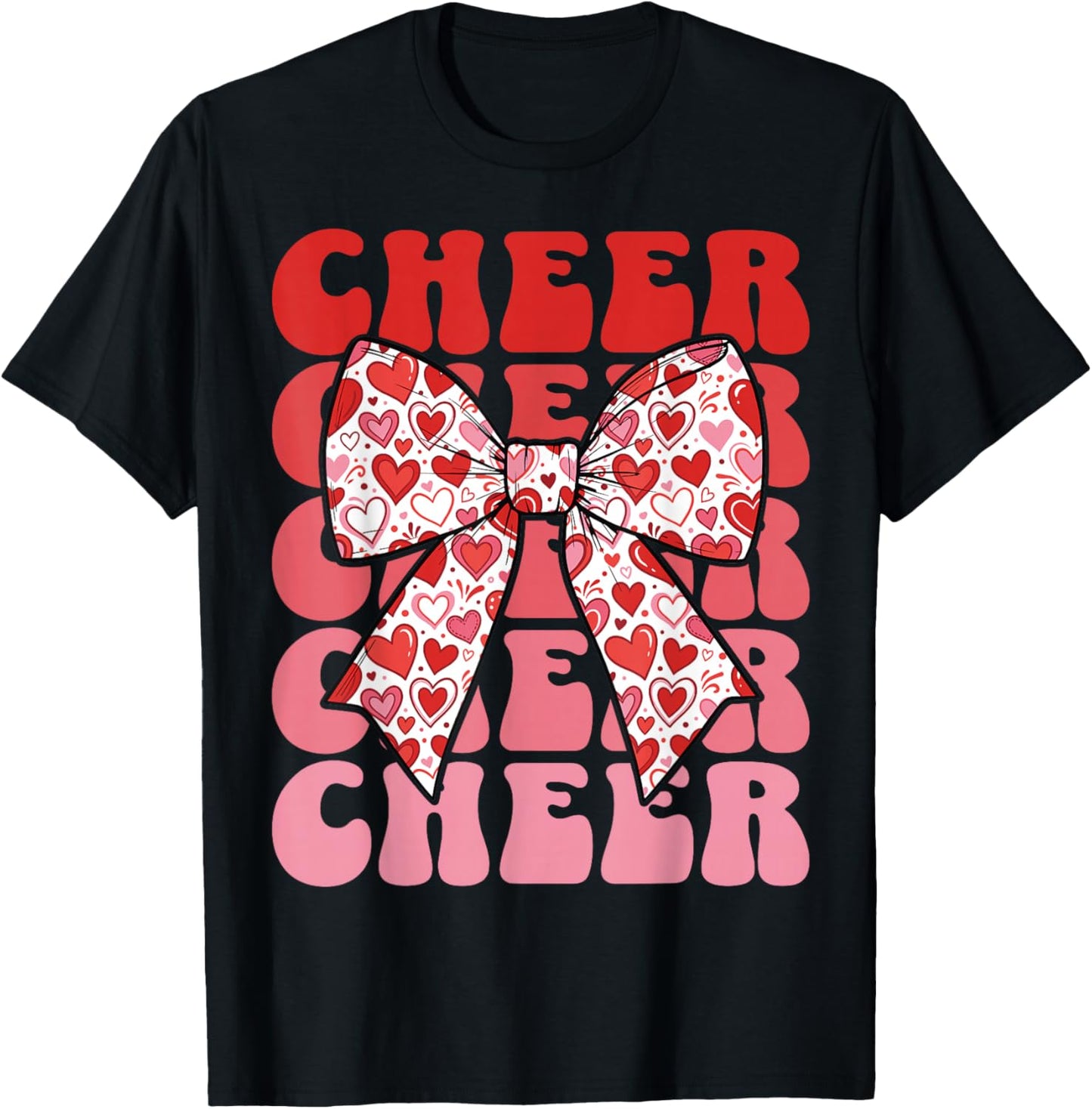 Valentines Cheer Mom Coquette Bow Sport Groovy Cheerleader T-Shirt - T-Shirt | Black