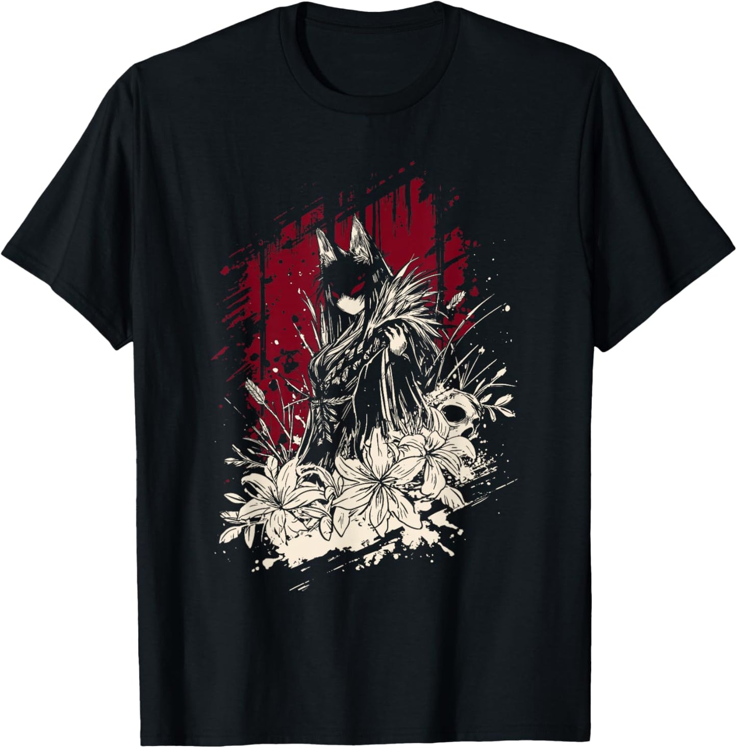 Kitsune Japanese Anime Gothic Girl Horror Aesthetic Art T-Shirt - T-Shirt | Black