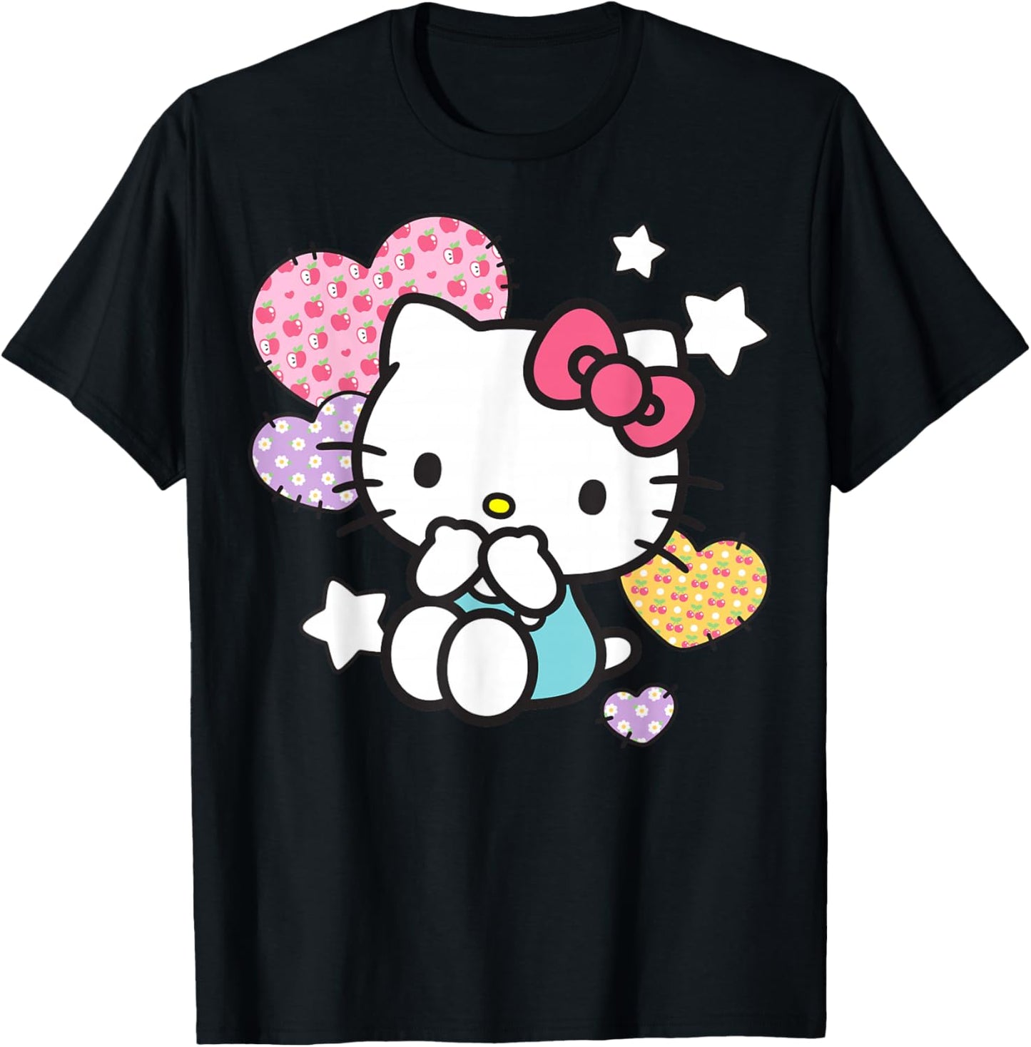 Hello Kitty Stars and Patched Hearts Apples Cherries Daisies T-Shirt - T-Shirt | Black