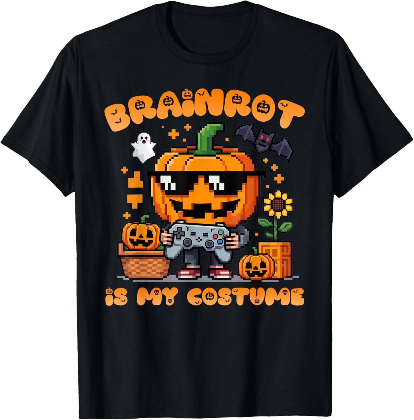 Brain Rot Halloween Shirt Kid Pumpkin Brainrot Gamer Costume T-Shirt - T-Shirt | Black