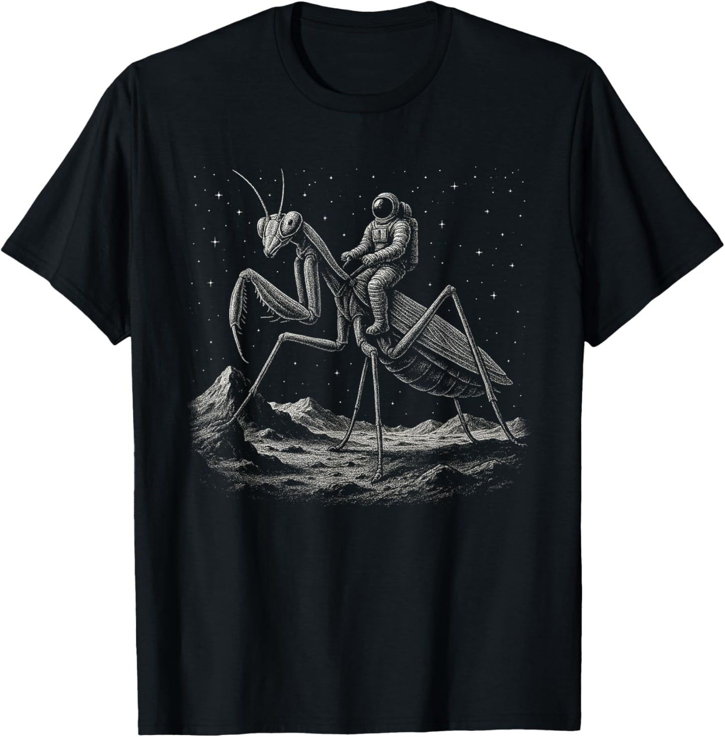 Astronaut Riding Praying Mantis Space Moon Insect Weird Meme T-Shirt - T-Shirt | Black