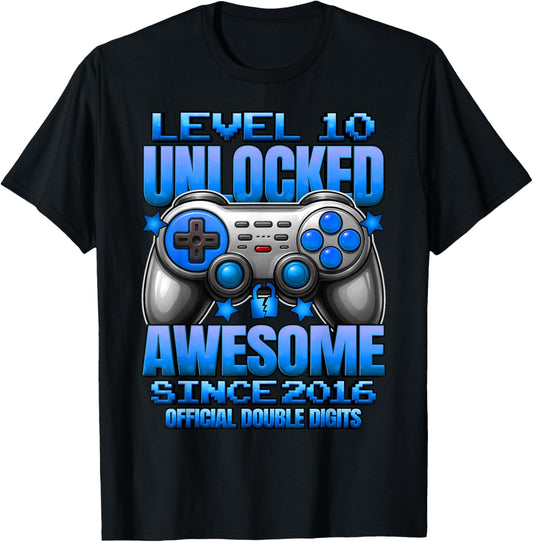 Official Double Digits Level 10 Unlocked 10th Birthday Boy T-Shirt - T-Shirt | Black